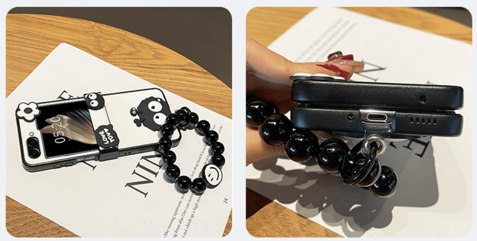 Cute Briquette Phone Case, Hinged Leather Grain Phone Case with Black Beaded Bracelet for Galaxy Z Flip 3/Galaxy Z Flip 4/Galaxy Z Flip 5/Galaxy Z Flip 6