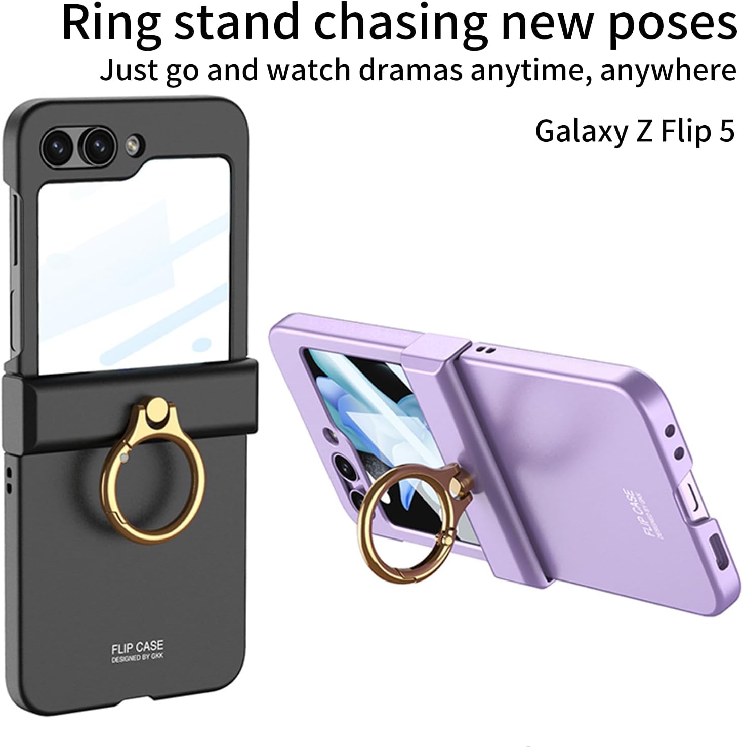Ultra-thin mobile phone case with hinge ring holder and shell-film integrated for Galaxy Z Flip 5/Galaxy Z Flip 6, drop-proof