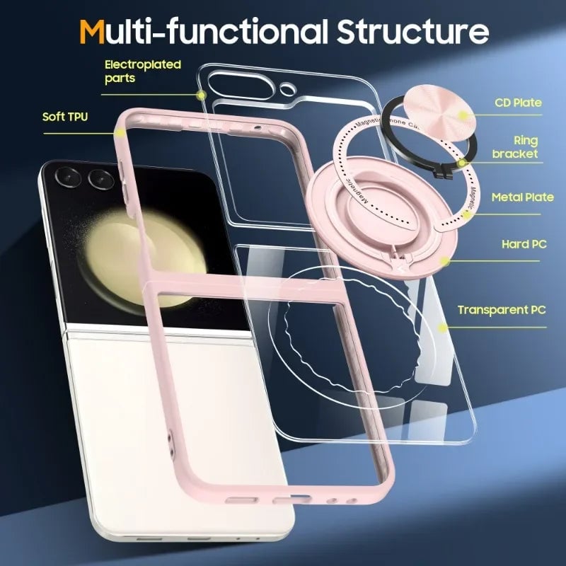 Transparent phone case with 360° rotating ring stand and magnetic wireless charging support for Galaxy Z Flip 5 and Galaxy Z Flip 6