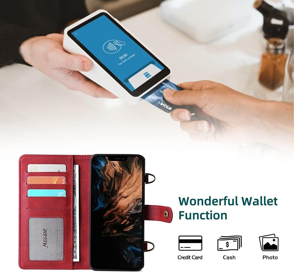 TwoHead for iPhone Wallet Case, Multi-Function Detachable 3 in 1 Magnetic Phone Case Wallet, Flip Strap Zipper Card Holder Phone Case with Shoulder Straps for iPhone