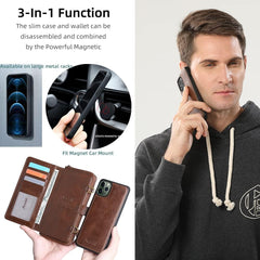 TwoHead for iPhone Wallet Case, Multi-Function Detachable 3 in 1 Magnetic Phone Case Wallet, Flip Strap Zipper Card Holder Phone Case with Shoulder Straps for iPhone