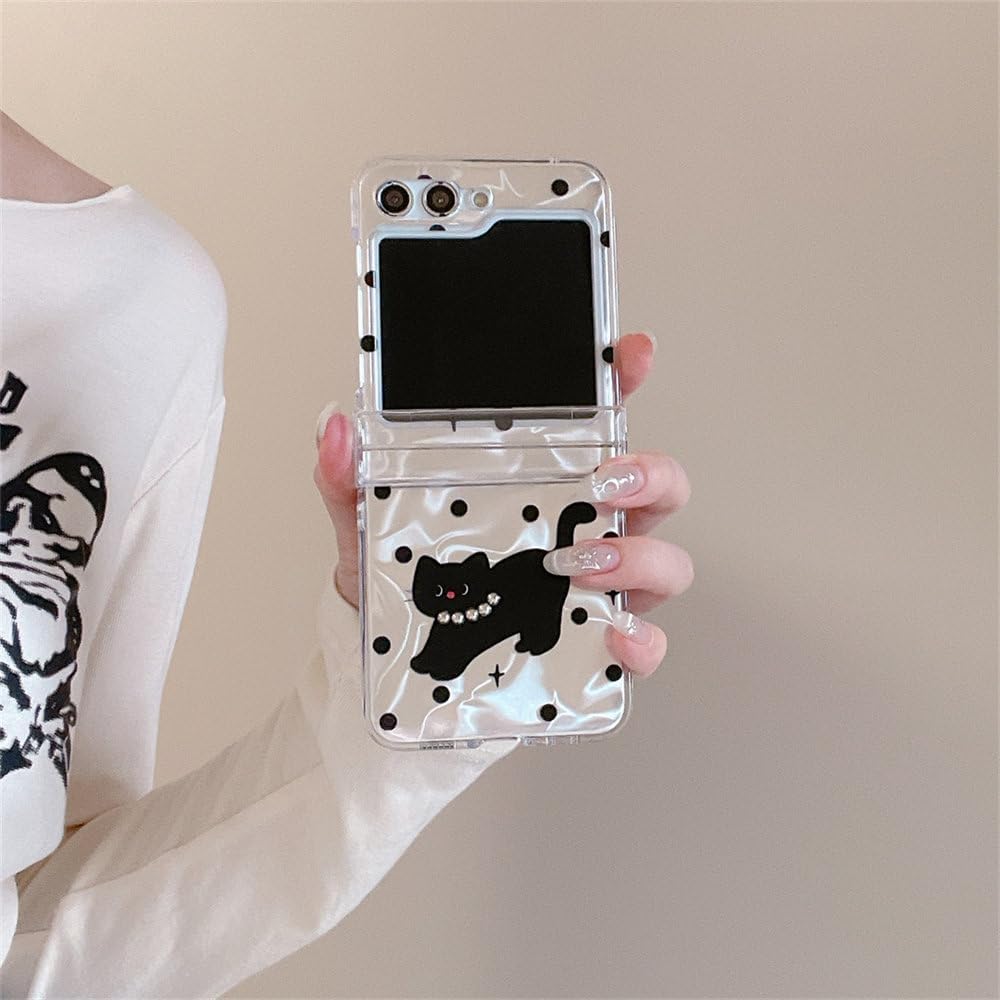 Simple cartoon polka dot black cat hard shell mobile phone case, suitable for Galaxy Z Flip 3/Galaxy Z Flip 4/Galaxy Z Flip 5/Galaxy Z Flip 6