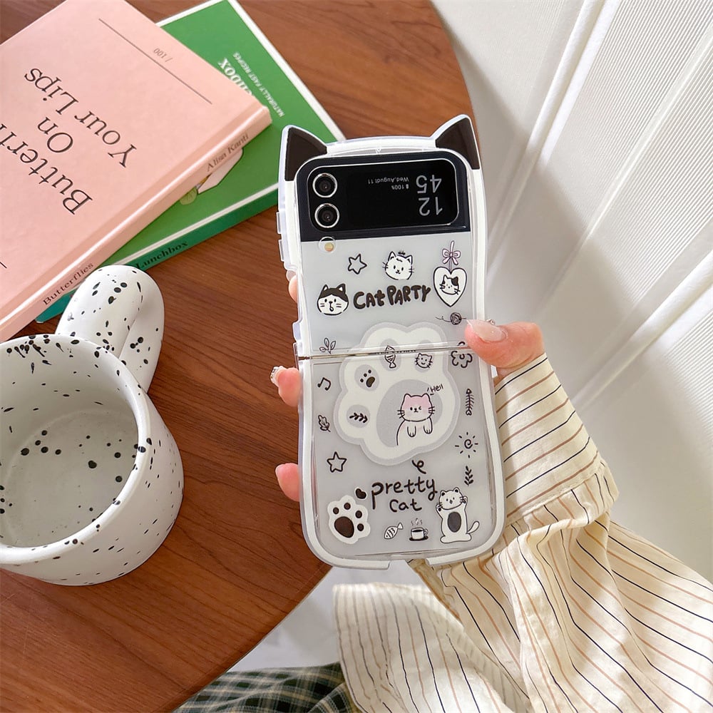 Cute 3D Cat Ear Graffiti Cat Phone Case, Suitable for Galaxy Z Flip 3/Galaxy Z Flip 4/Galaxy Z Flip 5/Galaxy Z Flip 6