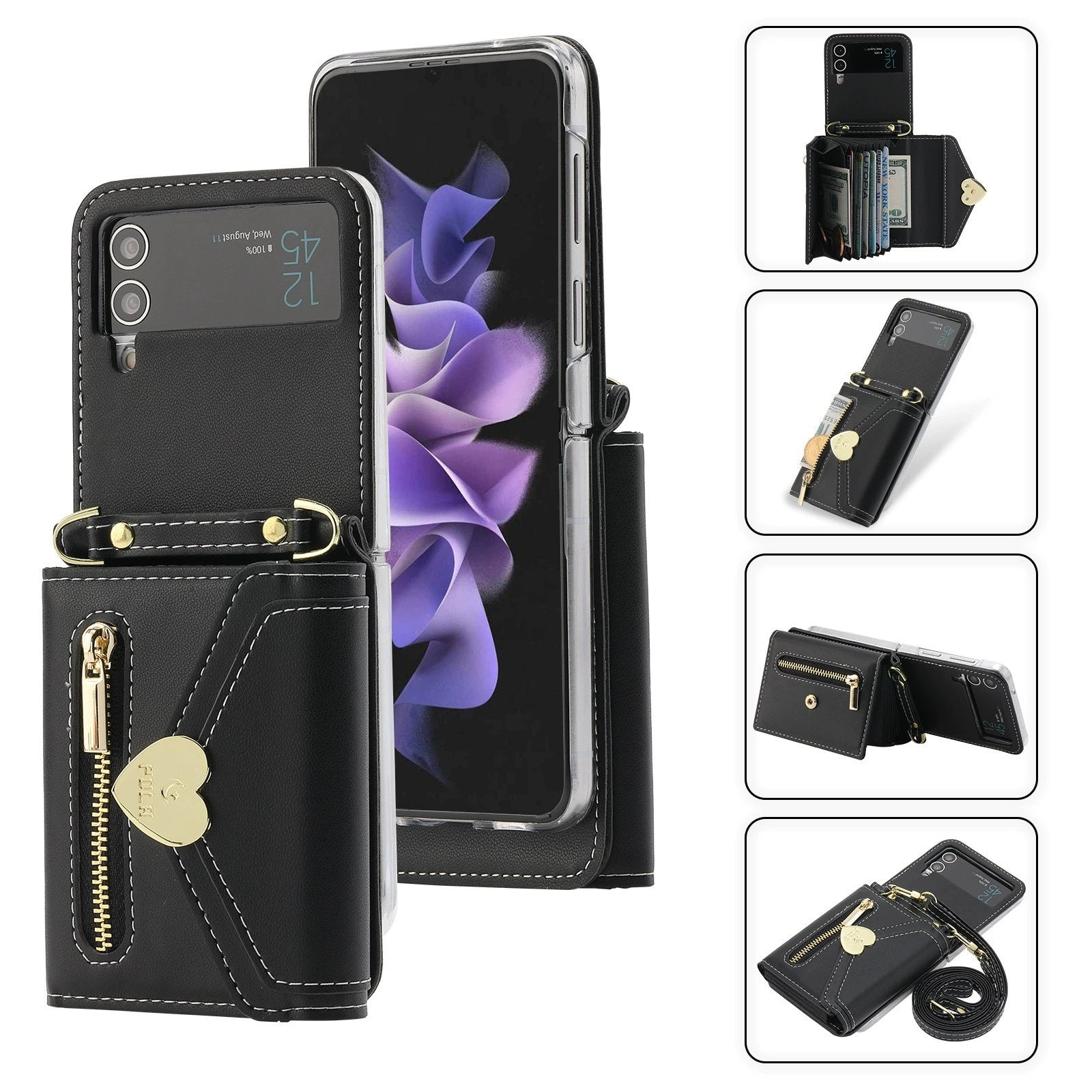 Heart Crossbody Card Holder Phone Case, Compatible with Galaxy Z Flip 3/Galaxy Z Flip 4/Galaxy Z Flip 5/Galaxy Z Flip 6