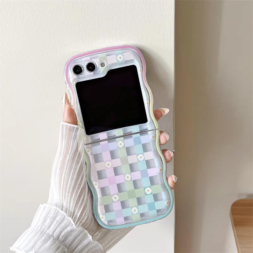 Cute Flower Case For Galaxy Z Flip 3/Galaxy Z Flip 4/Galaxy Z Flip 5/Galaxy Z Flip 6 – Checker and Daisy Print with Lovely Floral Beads Strap & Curly Wave Frame