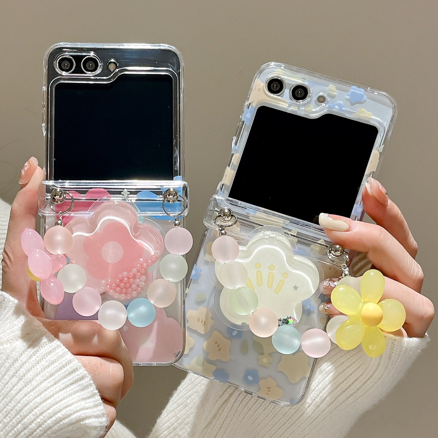 Pink and Yellow Flower Protective Case With Quicksand Stand For Galaxy Z Flip 3/Galaxy Z Flip 4/Galaxy Z Flip 5/Galaxy Z Flip 6