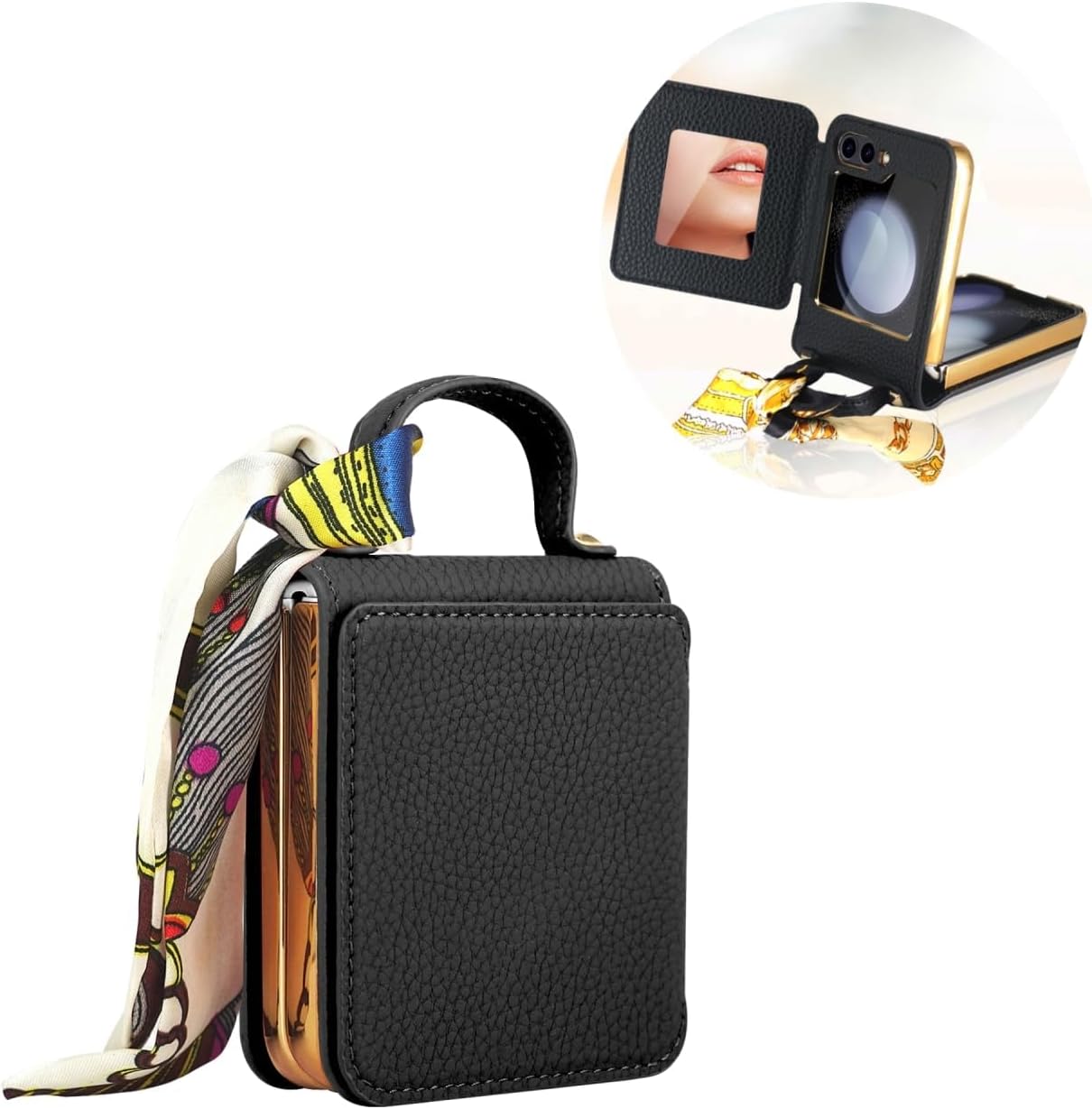 Mobile phone case for Galaxy Z Flip 3 / Galaxy Z Flip 4 / Galaxy Z Flip 5 / Galaxy Z Flip 6, mobile phone leather case with mirror and scarf