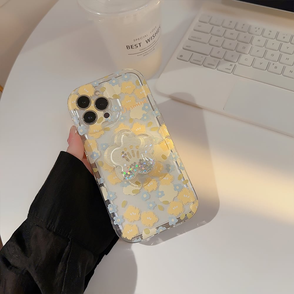 Floral Mobile Phone Case For iPhone 16/15/14/13/12/11 Series With Flower-shaped Quicksand Stand