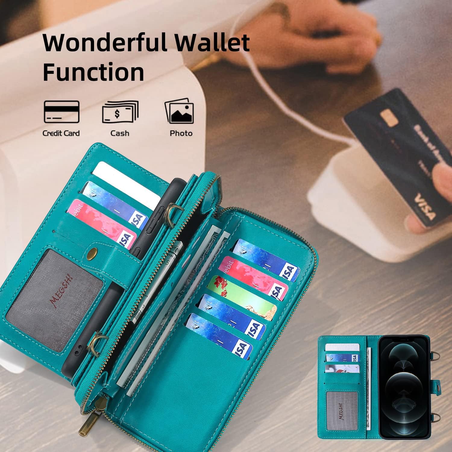 TwoHead for iPhone Wallet Case, Multi-Function Detachable 3 in 1 Magnetic Phone Case Wallet, Flip Strap Zipper Card Holder Phone Case with Shoulder Straps for iPhone