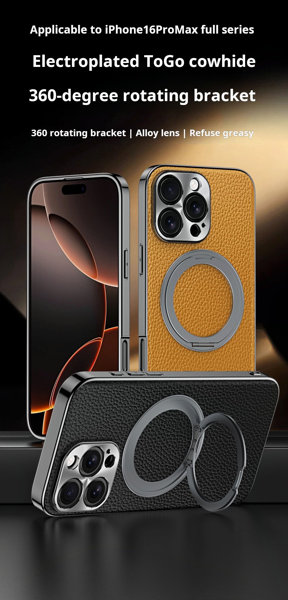 Genuine Togo Cowhide Leather Magsafe Case For iPhone 16 15 14 Series Ring Bracket Cover