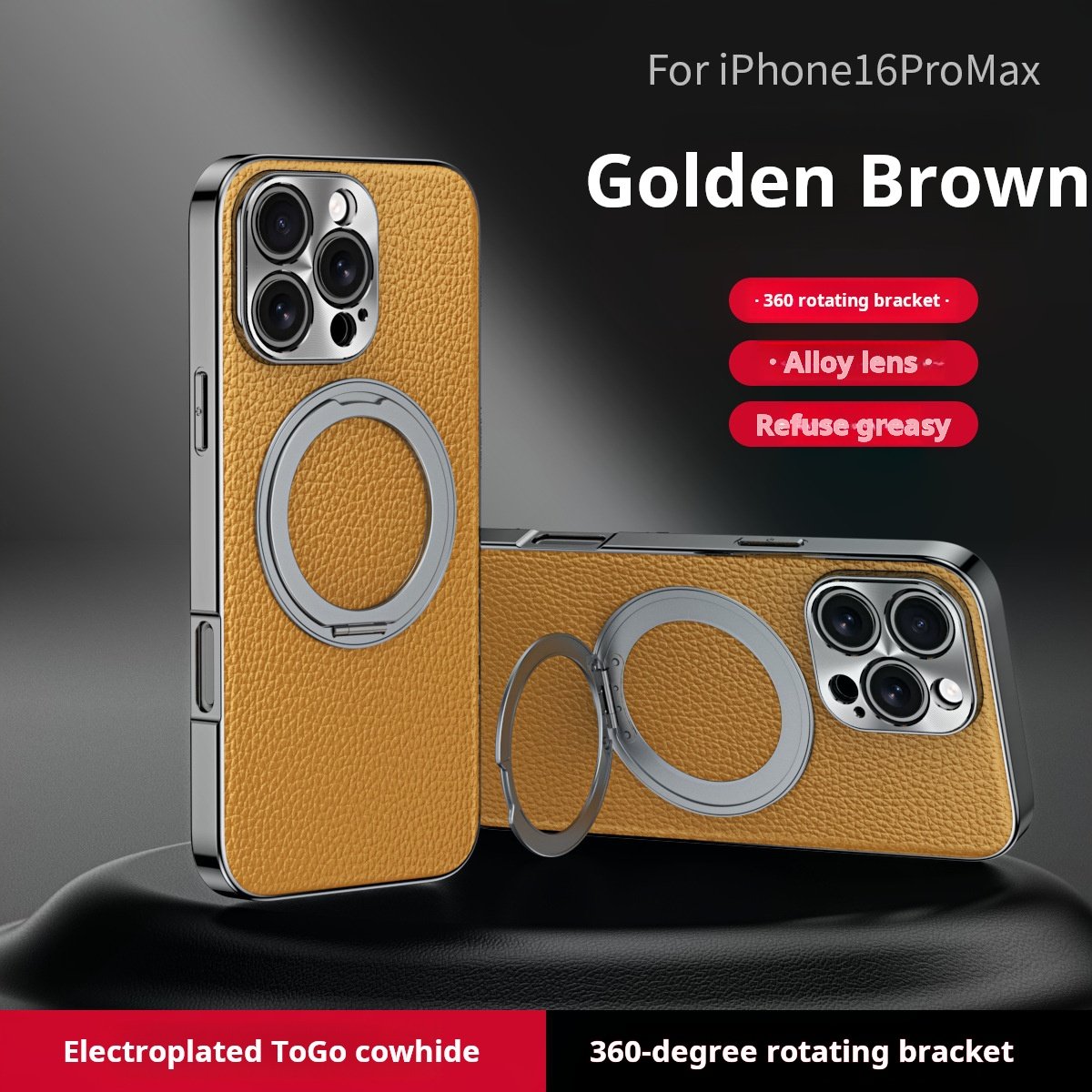 Genuine Togo Cowhide Leather Magsafe Case For iPhone 16 15 14 Series Ring Bracket Cover