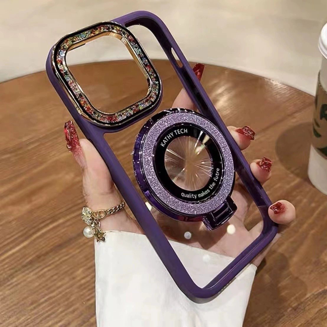 For iPhone 15/14/13/12 series dot diamond lens, glitter magnetic ring holder mobile phone case