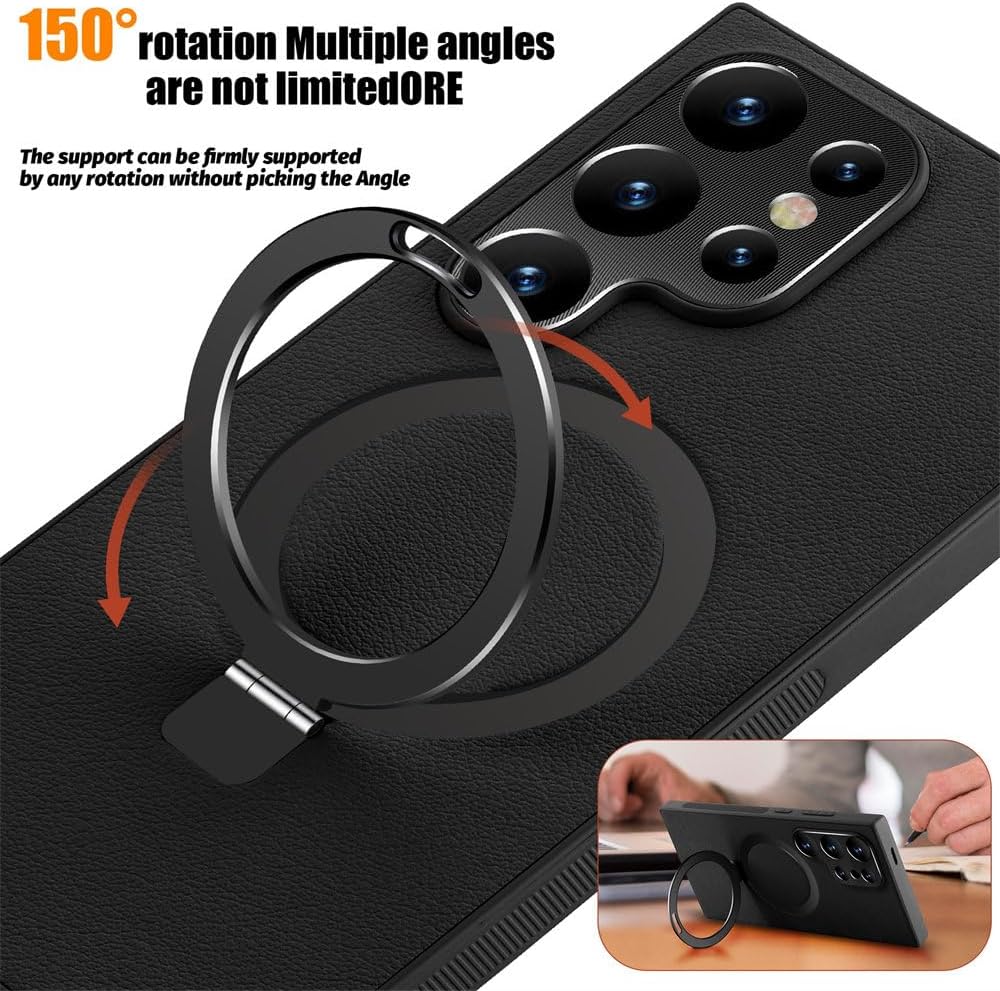 Leather Phone Case with Magnetic Metal Holder for Galaxy S24 S23 S22 Series, Support Wireless Charging