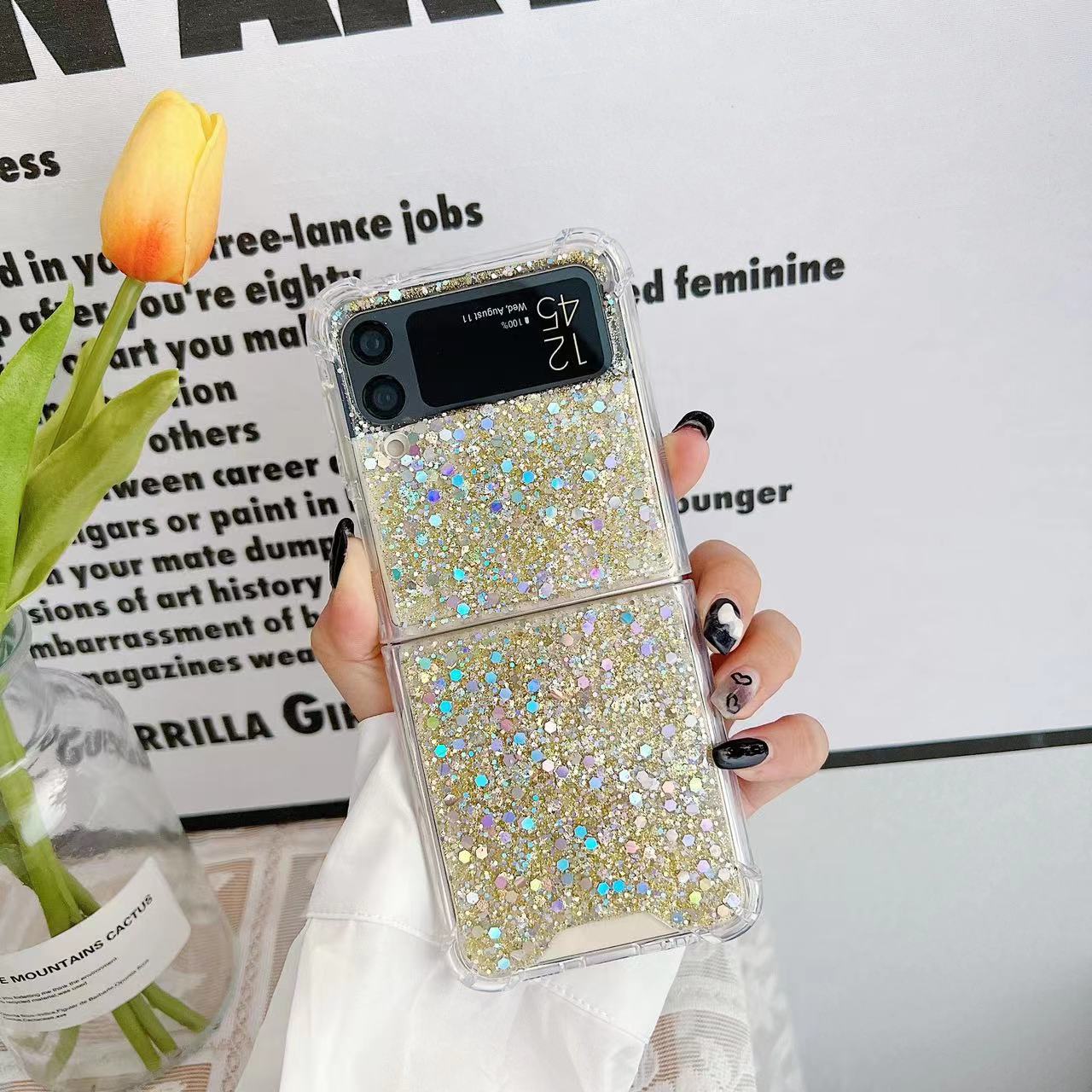 For Galaxy Z Flip 3 / Galaxy Z Flip 4 / Galaxy Z Flip 5 / Galaxy Z Flip 6 Clear Case, Soft Clear Flexible Rubber Glitter Sparkle Case Corners Shockproof Protective Cover