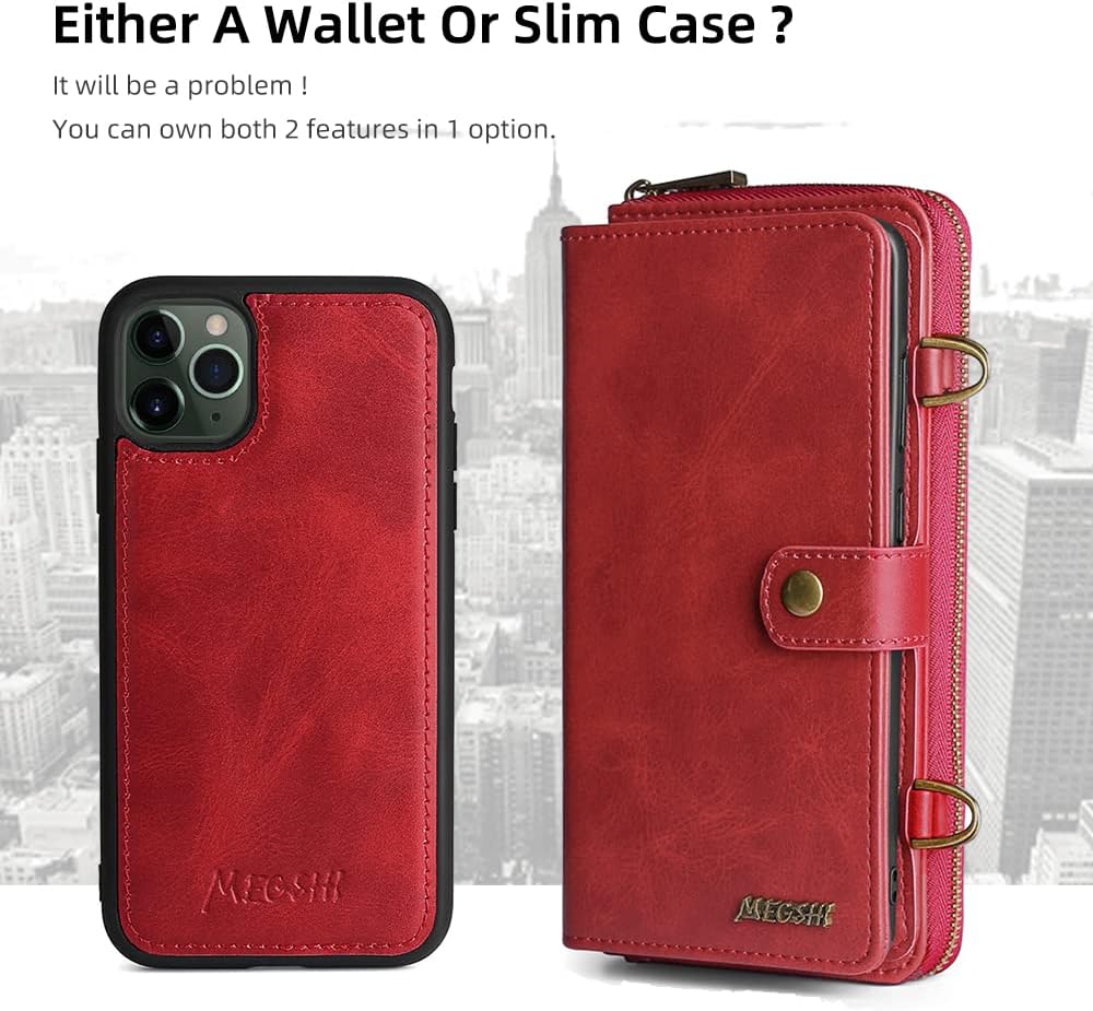 TwoHead for iPhone Wallet Case, Multi-Function Detachable 3 in 1 Magnetic Phone Case Wallet, Flip Strap Zipper Card Holder Phone Case with Shoulder Straps for iPhone