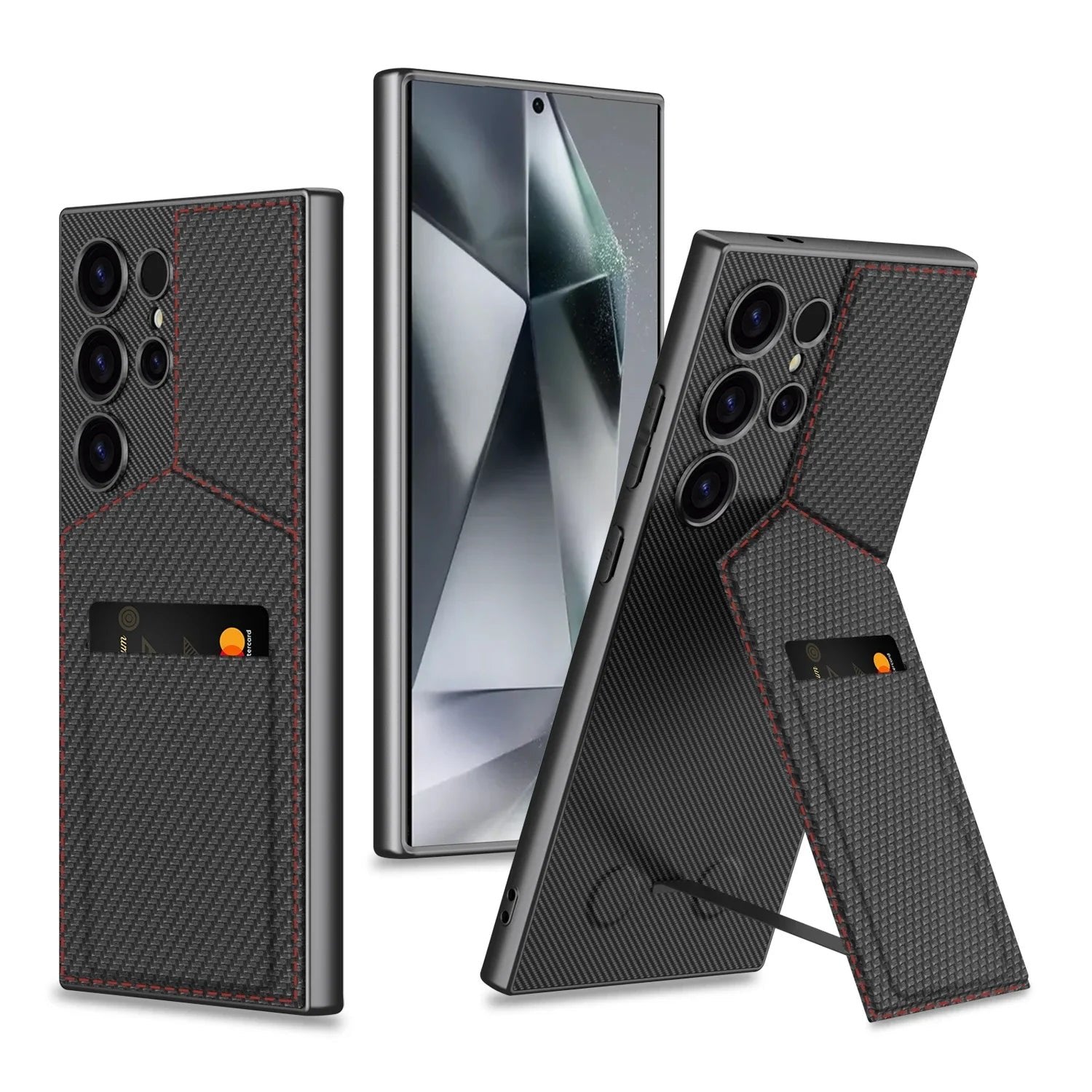 Armor Leather Card Holder Case with Magnetic Fold Bracket for Samsung Galaxy S24 Ultra