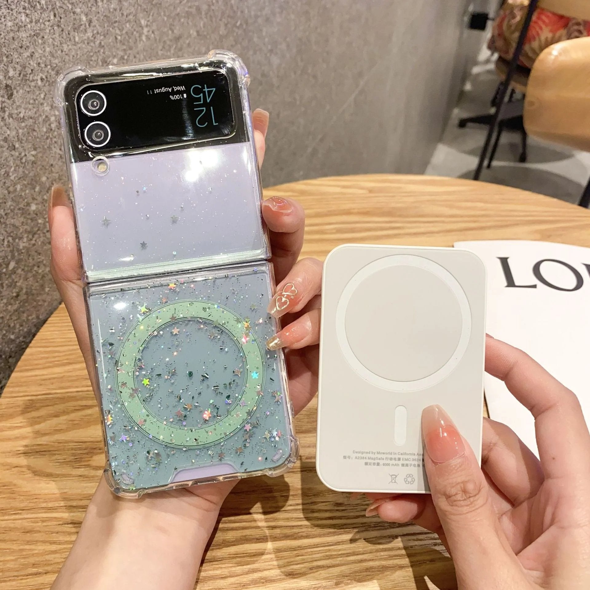 Glitter glue magnetic mobile phone case, suitable for Galaxy Z Flip 3/Galaxy Z Flip 4/Galaxy Z Flip 5/Galaxy Z Flip 6