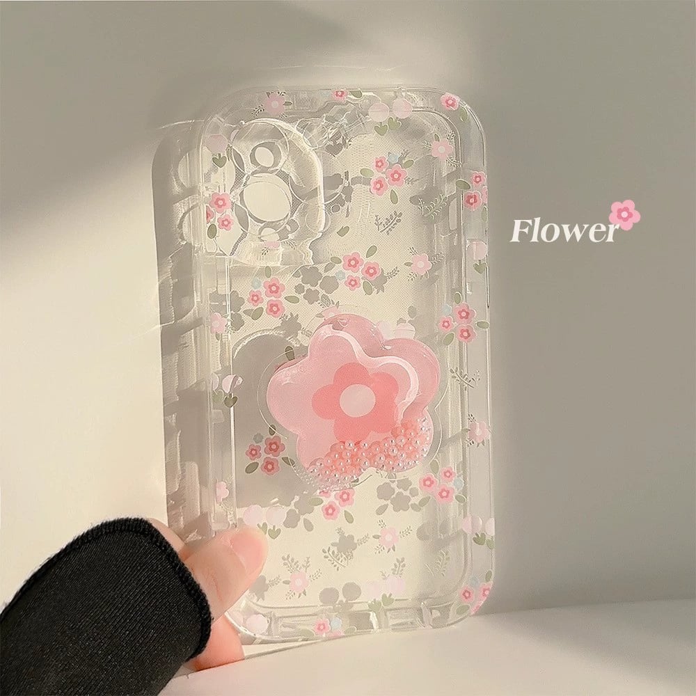 Floral Mobile Phone Case For iPhone 16/15/14/13/12/11 Series With Flower-shaped Quicksand Stand