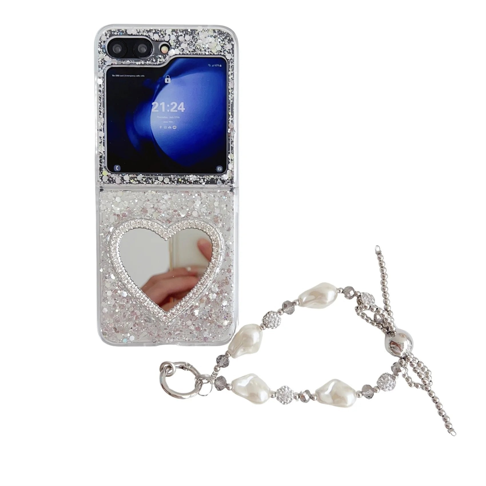 Silver Sequin Heart Mirror Phone Case For Galaxy Z Flip 3/Galaxy Z Flip 4/Galaxy Z Flip 5/Galaxy Z Flip 6