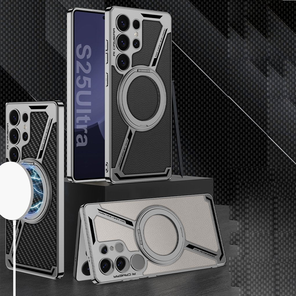 Suitable for Galaxy S25Ultra/S24Ultra/S23Ultra electroplated leather built-in magnetic ring full-cover protective case(Only Case)