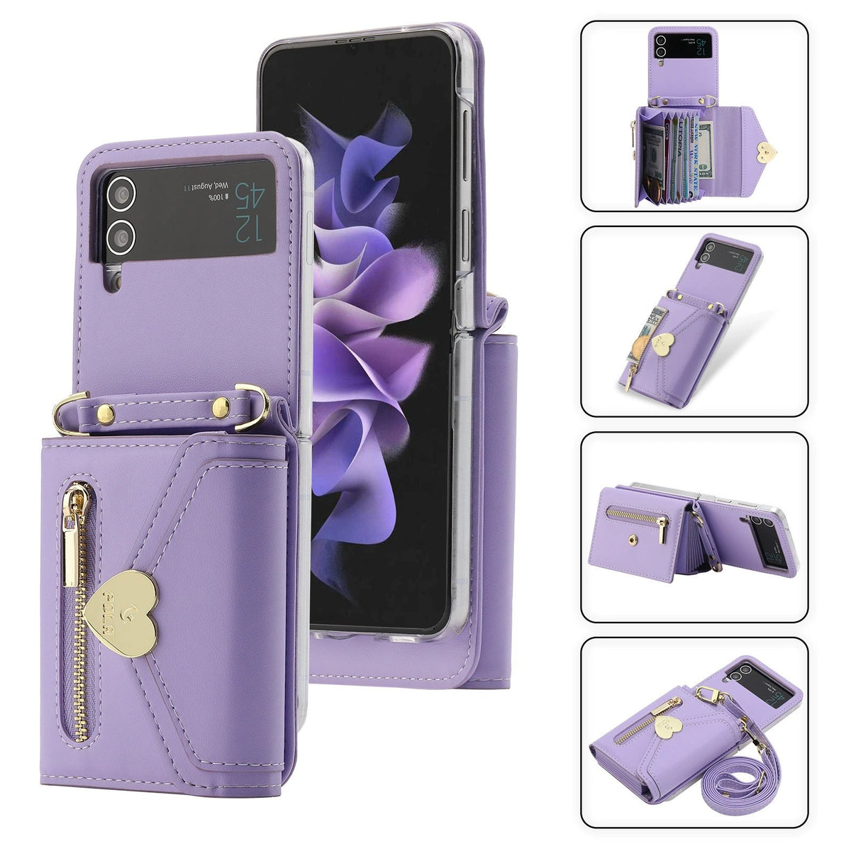 Heart Crossbody Card Holder Phone Case, Compatible with Galaxy Z Flip 3/Galaxy Z Flip 4/Galaxy Z Flip 5/Galaxy Z Flip 6