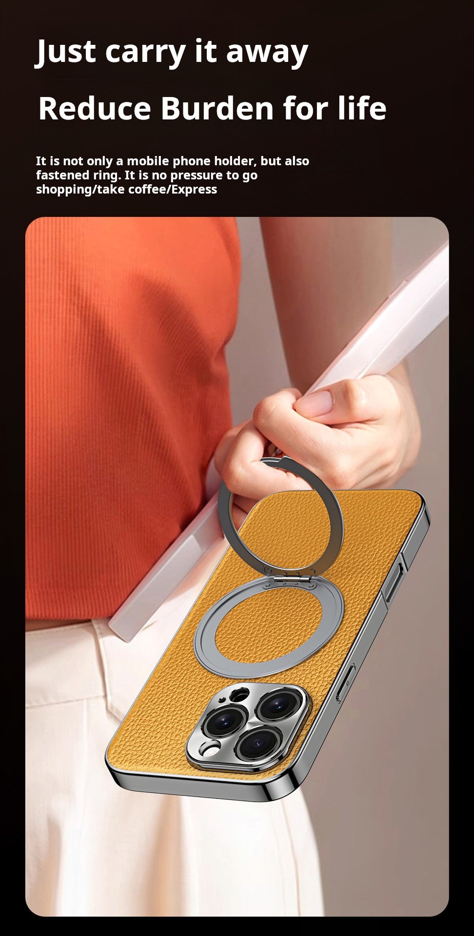 Genuine Togo Cowhide Leather Magsafe Case For iPhone 16 15 14 Series Ring Bracket Cover