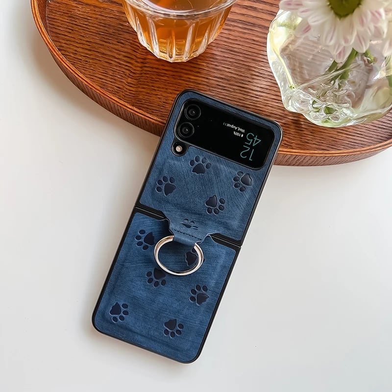 Personalized leather texture cute cat paw pattern mobile phone case with finger ring buckle for Galaxy Z Flip 3/Galaxy Z Flip 4/Galaxy Z Flip 5/Galaxy Z Flip 6