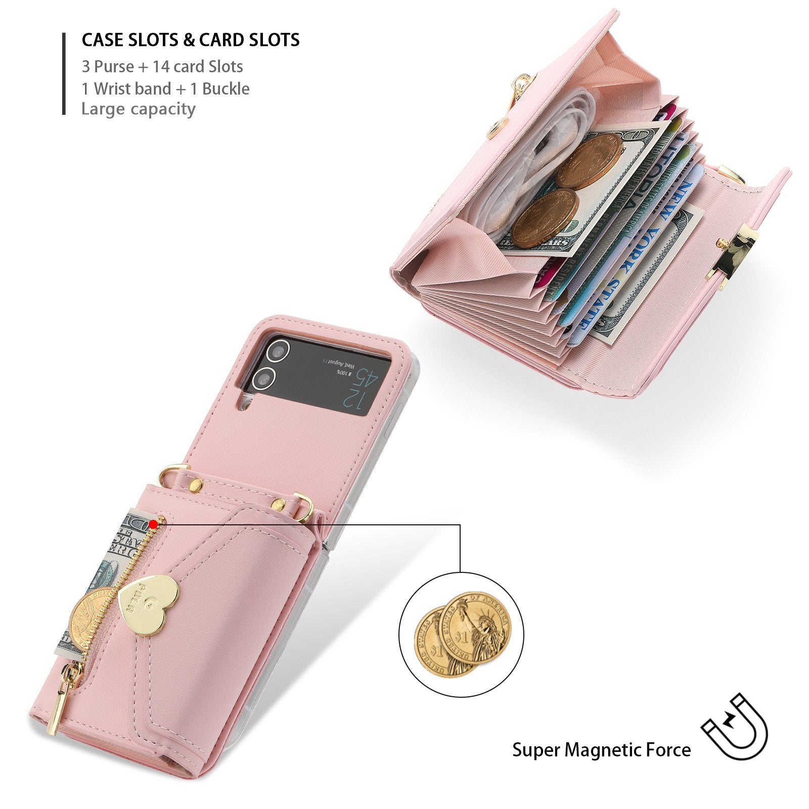 Heart Crossbody Card Holder Phone Case, Compatible with Galaxy Z Flip 3/Galaxy Z Flip 4/Galaxy Z Flip 5/Galaxy Z Flip 6