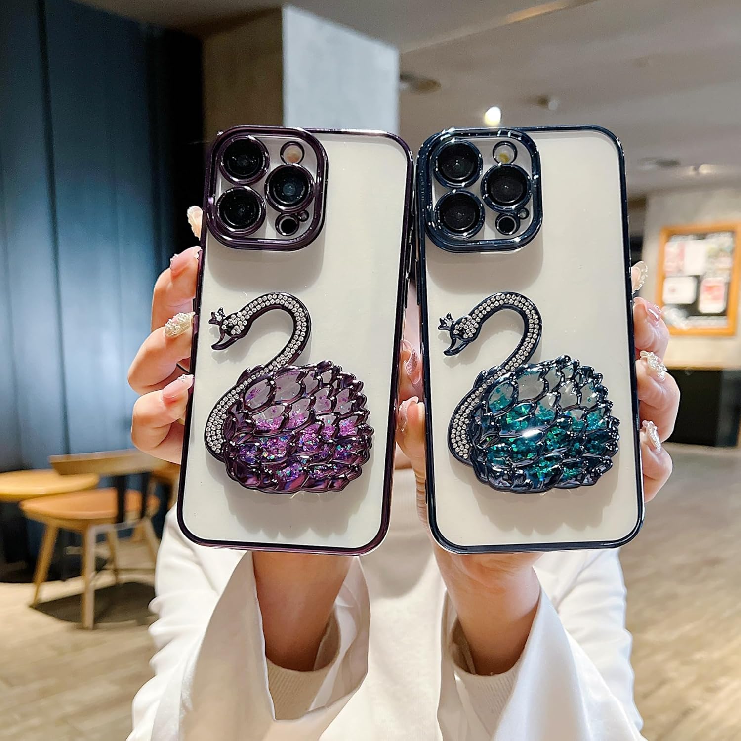 Electroplated Glitter swan Pattern Phone case with Glitter or Without Glitter Paper, Drop-Proof, Light Luxury Style, for iPhone 15 14 13 12 11 case