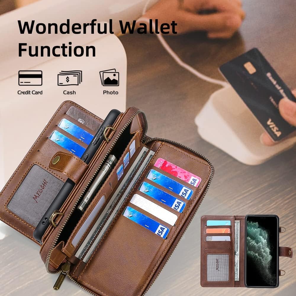 TwoHead for iPhone Wallet Case, Multi-Function Detachable 3 in 1 Magnetic Phone Case Wallet, Flip Strap Zipper Card Holder Phone Case with Shoulder Straps for iPhone