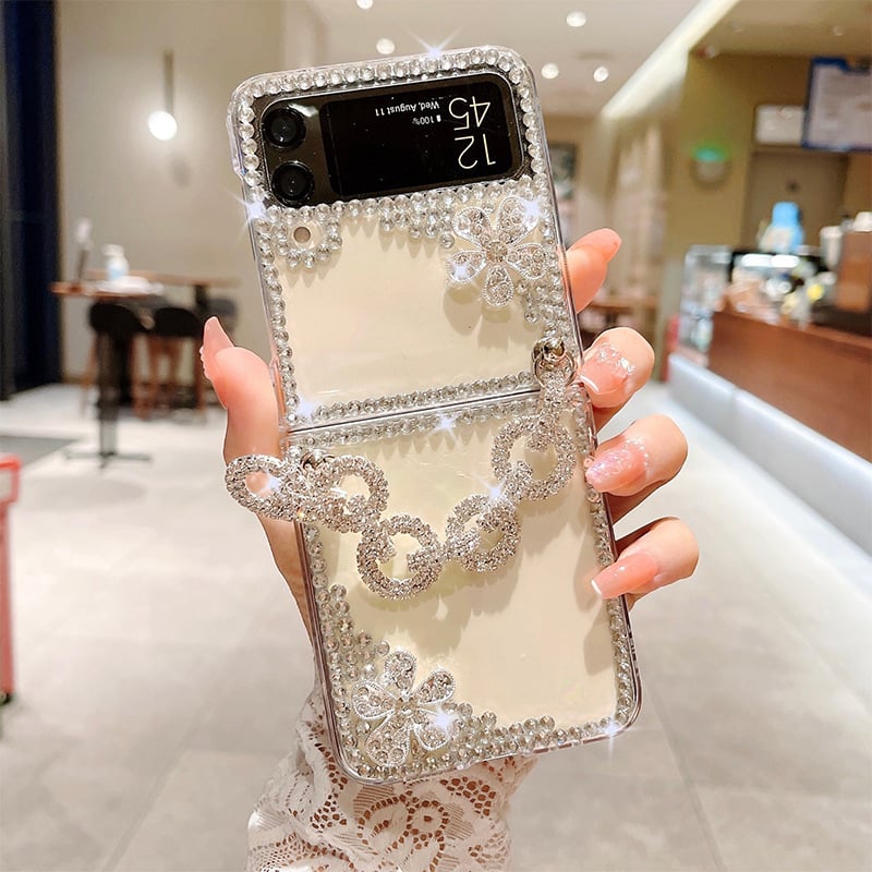 Glitter Rhinestone Flower and Luxury Pearl Flower Phone Case for Galaxy Z Flip 3/Galaxy Z Flip 4/Galaxy Z Flip 5/Galaxy Z Flip 6 with Bracelet