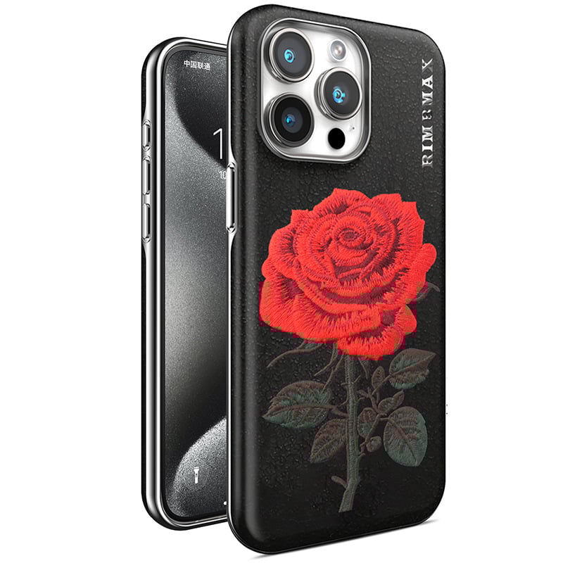 For iPhone Embroidery Phone Case Electroplated Rose Embroidery Leather Case