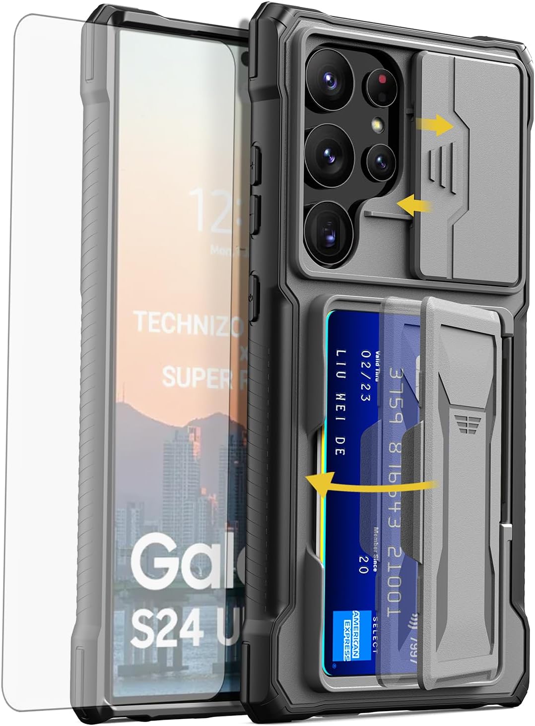 Sliding window lens holder for Samsung Galaxy S24 Ultra, anti-drop protective cover with card insertion