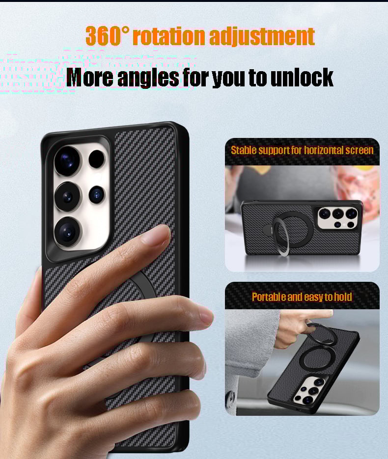 Carbon fiber texture magnetic stand anti-drop protective case for Samsung Galaxy S25 series, S24 Ultra, S23 Ultra, S22 Ultra
