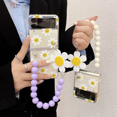 Cute Sunflower Clear Phone Case with Wrist Strap for Galaxy Z Flip 3/4/5/6 | Hard PC Anti-Scratch Protective Cover