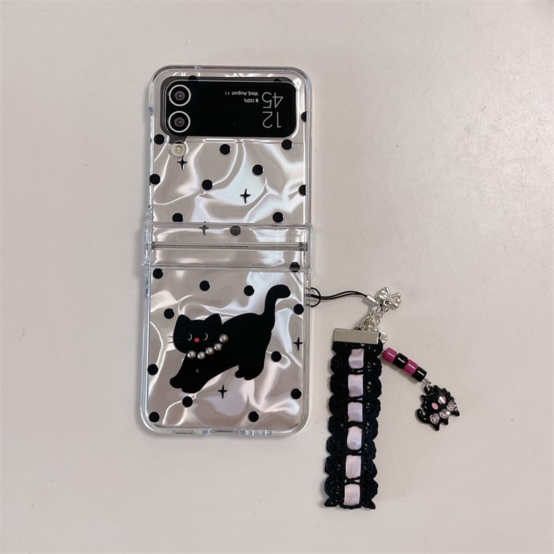 Simple cartoon polka dot black cat hard shell mobile phone case, suitable for Galaxy Z Flip 3/Galaxy Z Flip 4/Galaxy Z Flip 5/Galaxy Z Flip 6