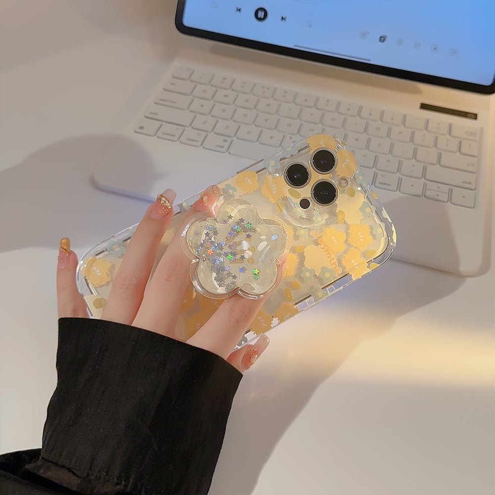 Floral Mobile Phone Case For iPhone 16/15/14/13/12/11 Series With Flower-shaped Quicksand Stand