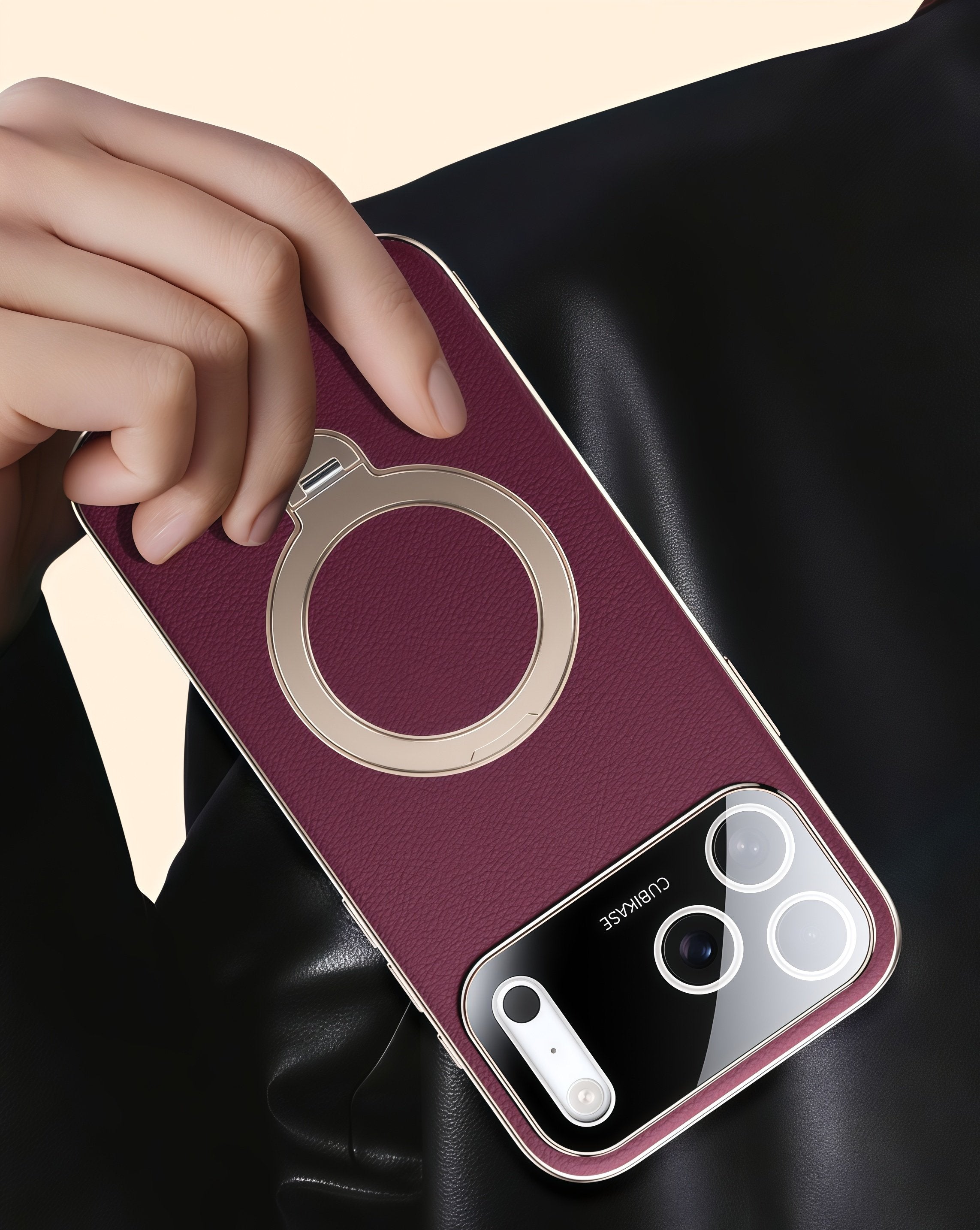 KASCASE | Skin-Textured Leather Rotating Magnetic Stand Case for iPhone 17 Pro Max