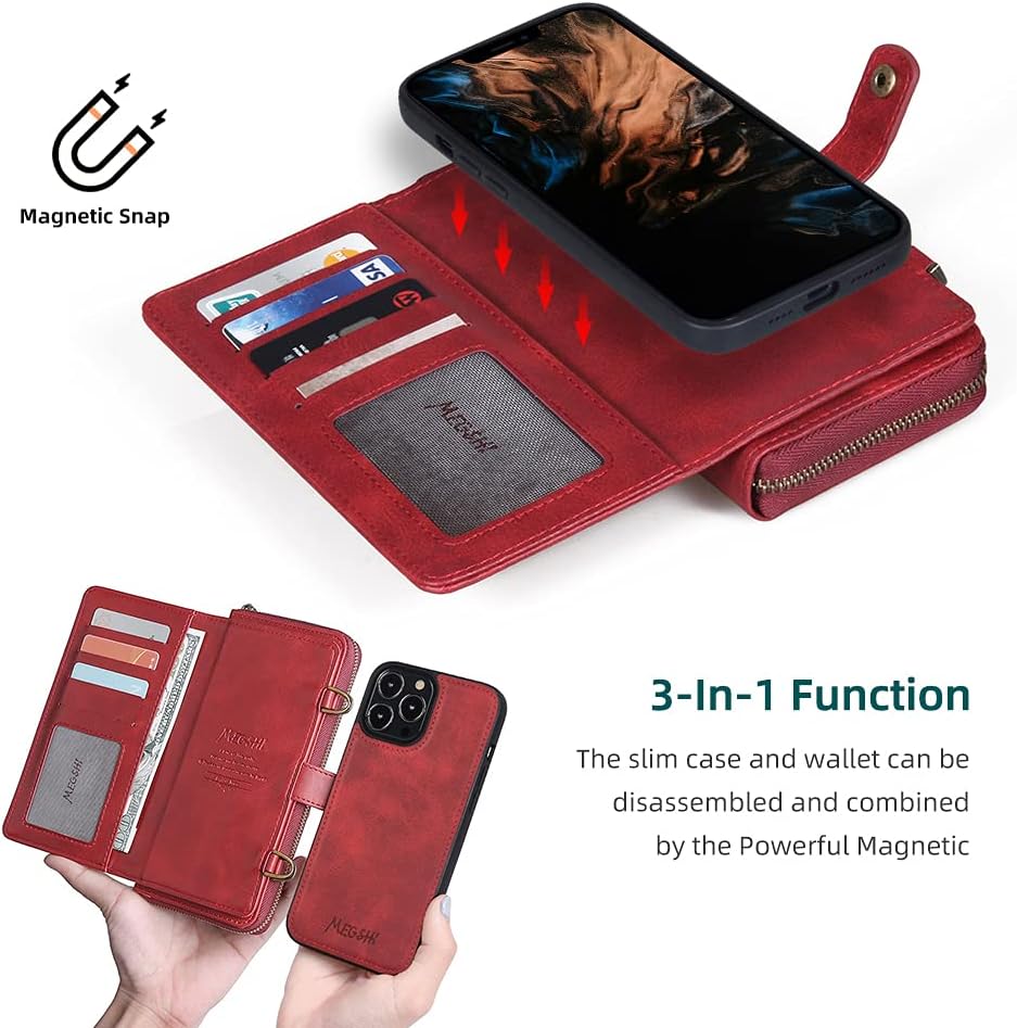TwoHead for iPhone Wallet Case, Multi-Function Detachable 3 in 1 Magnetic Phone Case Wallet, Flip Strap Zipper Card Holder Phone Case with Shoulder Straps for iPhone