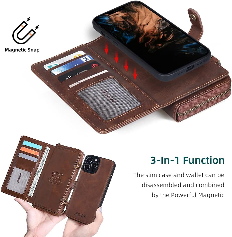 TwoHead for iPhone Wallet Case, Multi-Function Detachable 3 in 1 Magnetic Phone Case Wallet, Flip Strap Zipper Card Holder Phone Case with Shoulder Straps for iPhone