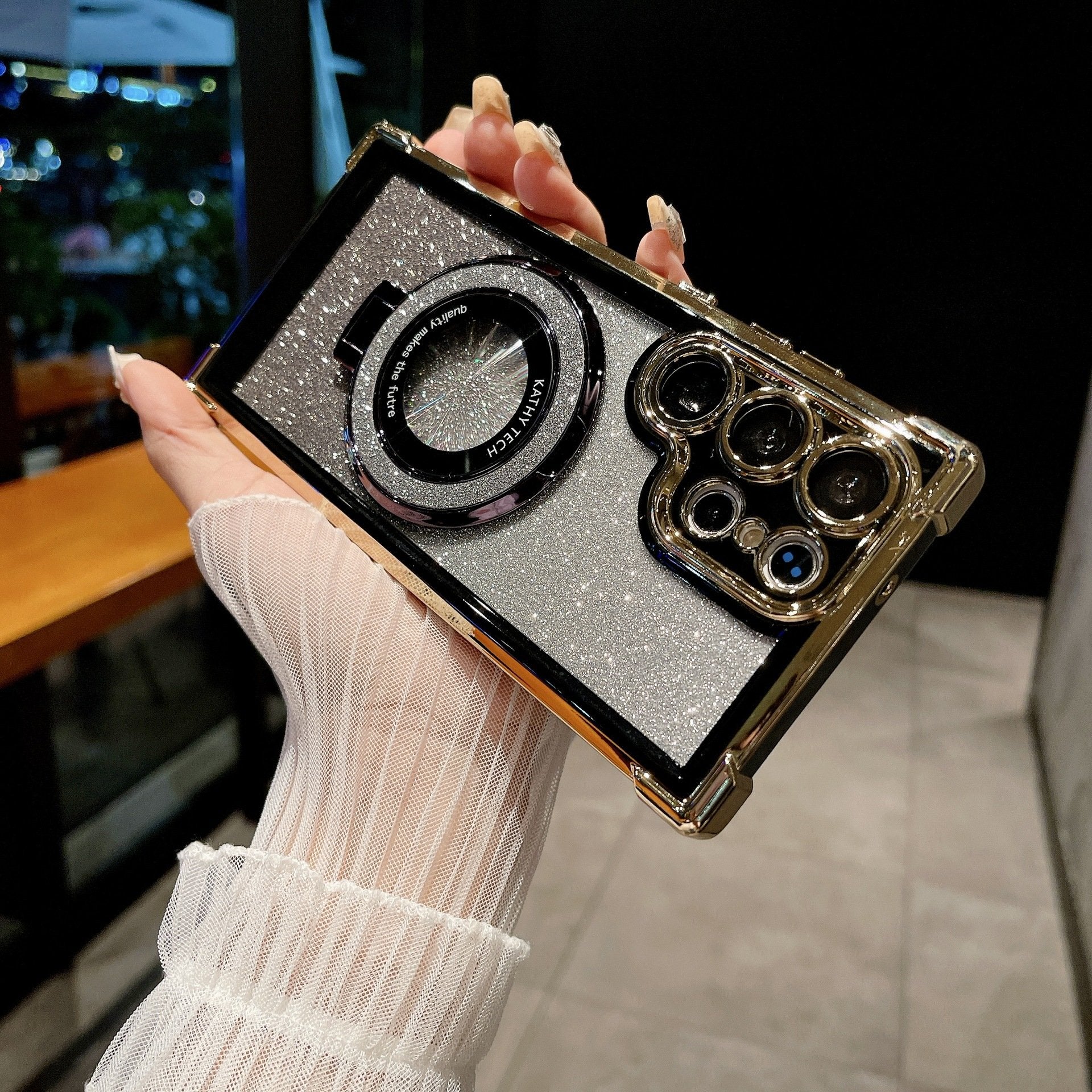 Two-color Glitter Magnetic Holder Airbag Phone Case For Samsung Galaxy S23 S24 Plus Ultra