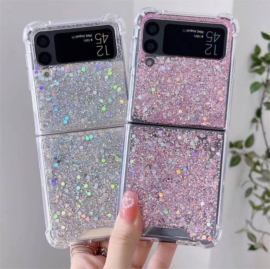 For Galaxy Z Flip 3 / Galaxy Z Flip 4 / Galaxy Z Flip 5 / Galaxy Z Flip 6 Clear Case, Soft Clear Flexible Rubber Glitter Sparkle Case Corners Shockproof Protective Cover