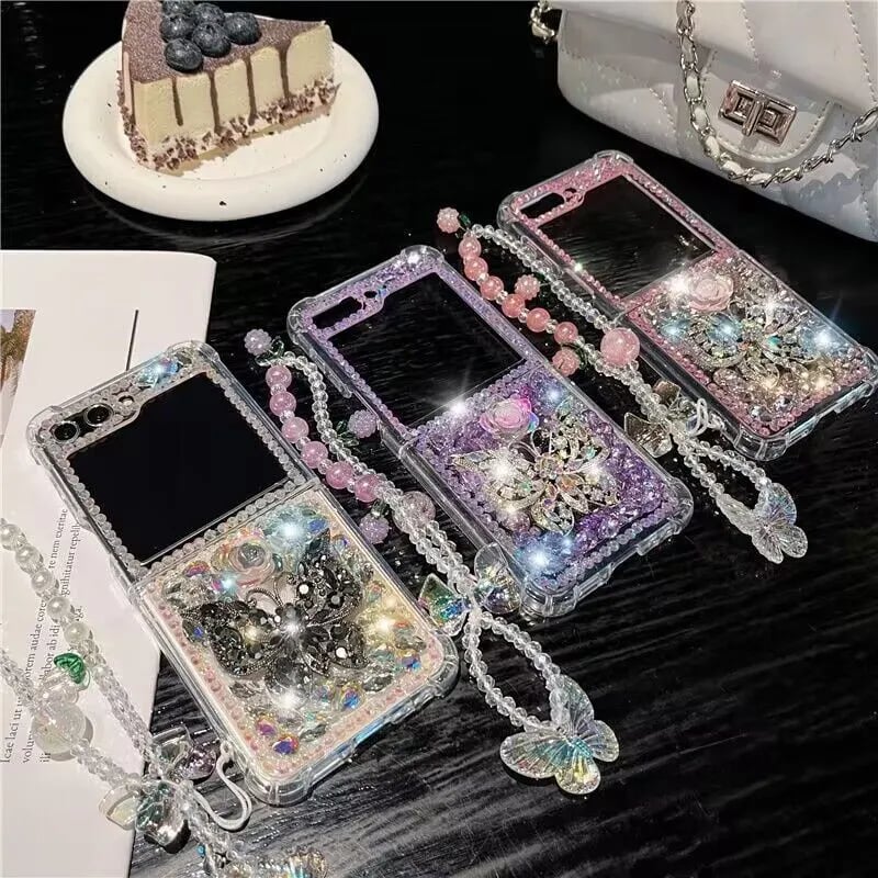 Flower butterfly diamond mobile phone case with bracelet for Galaxy Z Flip 3/Galaxy Z Flip 4/Galaxy Z Flip 5