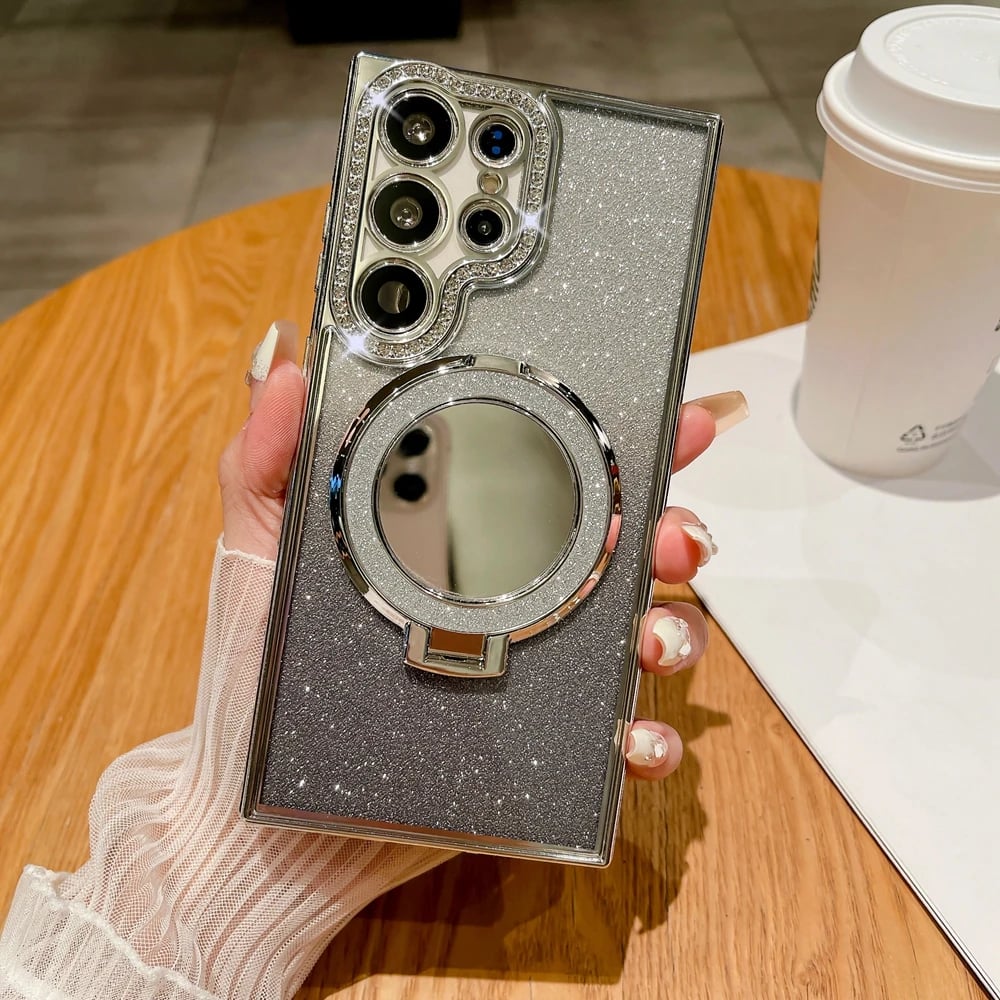 Luxury Glitter Mirror Magnetic Ring Holder Case For Samsung Galaxy S25 S24 S23 S22 Plus Ultra