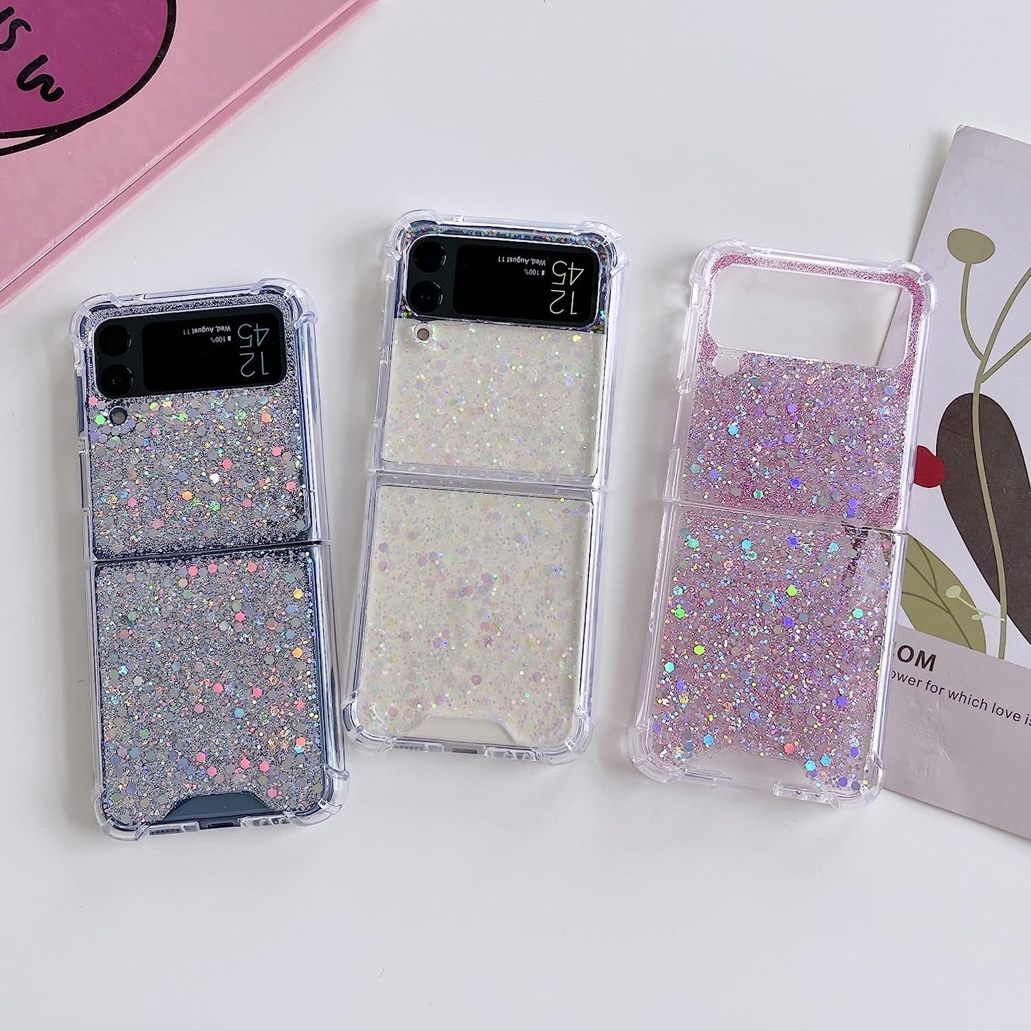For Galaxy Z Flip 3 / Galaxy Z Flip 4 / Galaxy Z Flip 5 / Galaxy Z Flip 6 Clear Case, Soft Clear Flexible Rubber Glitter Sparkle Case Corners Shockproof Protective Cover