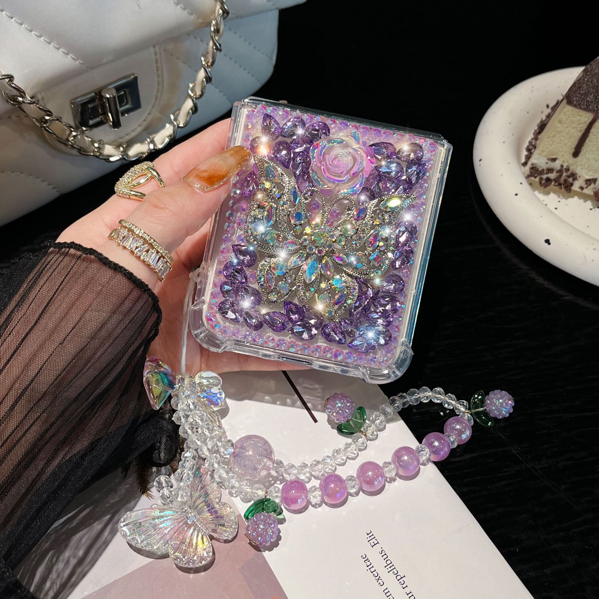 Flower butterfly diamond mobile phone case with bracelet for Galaxy Z Flip 3/Galaxy Z Flip 4/Galaxy Z Flip 5