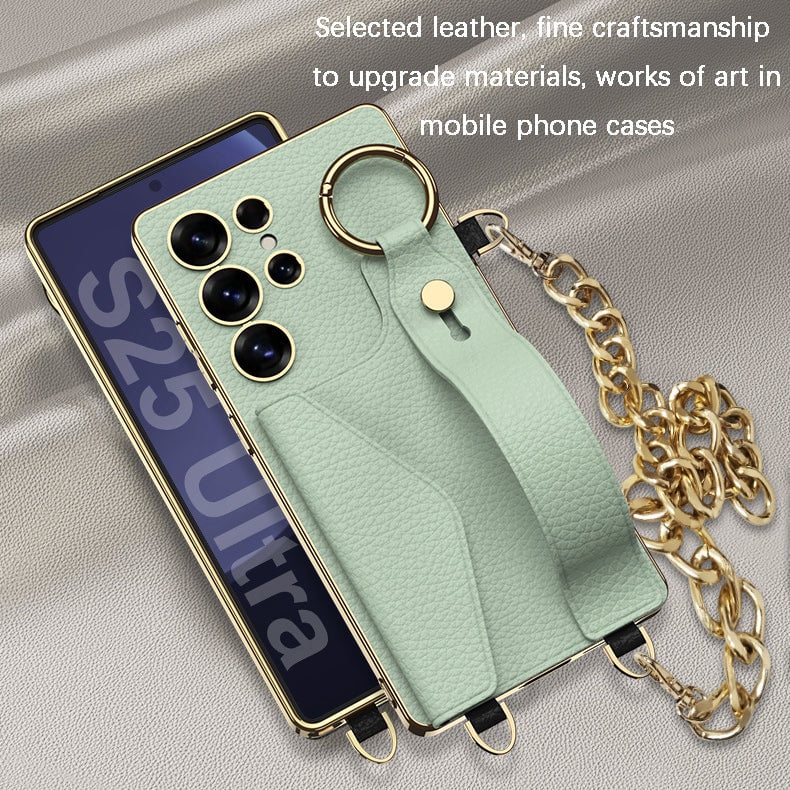Suitable For Samsung Galaxy S25 S24 S23 Ultra Electroplated Leather Wristband Card Holder Mobile Phone Case