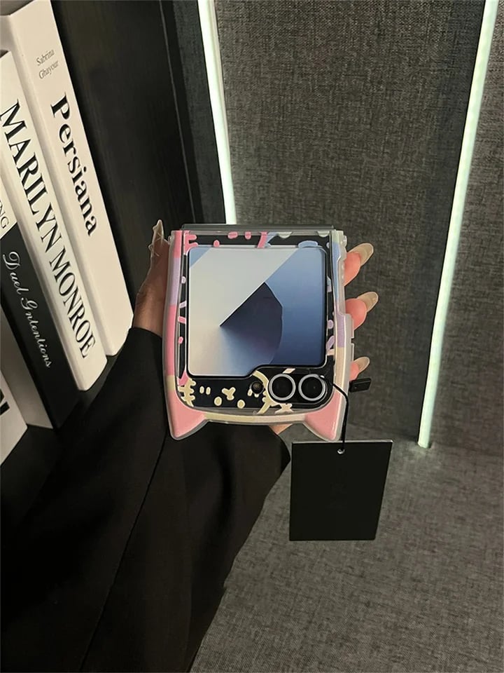 Cute 3D Cat Ear Graffiti Cat Phone Case, Suitable for Galaxy Z Flip 3/Galaxy Z Flip 4/Galaxy Z Flip 5/Galaxy Z Flip 6