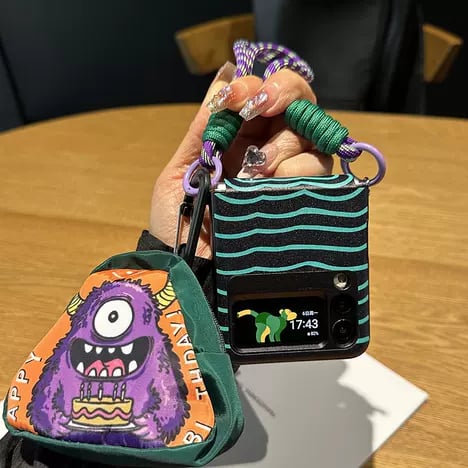 Funny Purple Cat Phone Case With Hand Strap And Big-Eyed Beast Green Wallet, Suitable For Galaxy Z Flip 3/Galaxy Z Flip 4/Galaxy Z Flip 5/Galaxy Z Flip 6