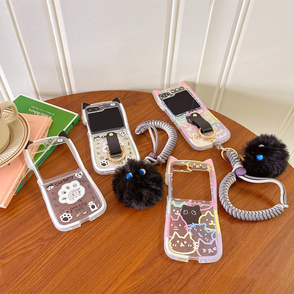Cute 3D Cat Ear Graffiti Cat Phone Case, Suitable for Galaxy Z Flip 3/Galaxy Z Flip 4/Galaxy Z Flip 5/Galaxy Z Flip 6